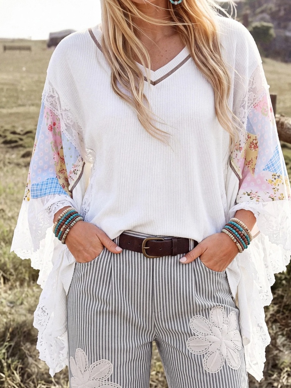 Boho Floral Patchwork lace Detail V neck Poncho Top
